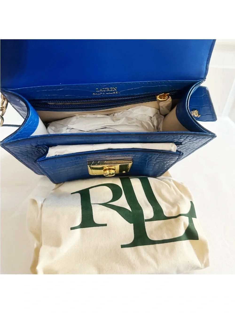 Lauren Ralph Lauren Blue Croc-Embossed Leather Top-Handle Bag with Gold Lock
